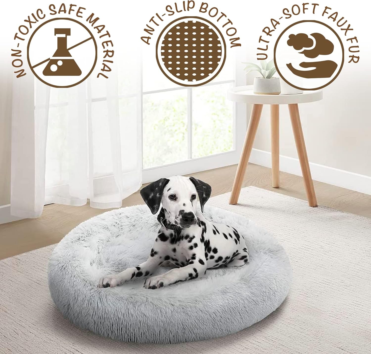 Donut Dog Bed Faux Fur Fluffy Calming Sofa for Large Dogs, Soft & Plush anti Anxiety Pet Couch for Dogs, Machine Washable Coco Pet Bed with Non-Slip Bottom, 36"X36"X8" Ivory.