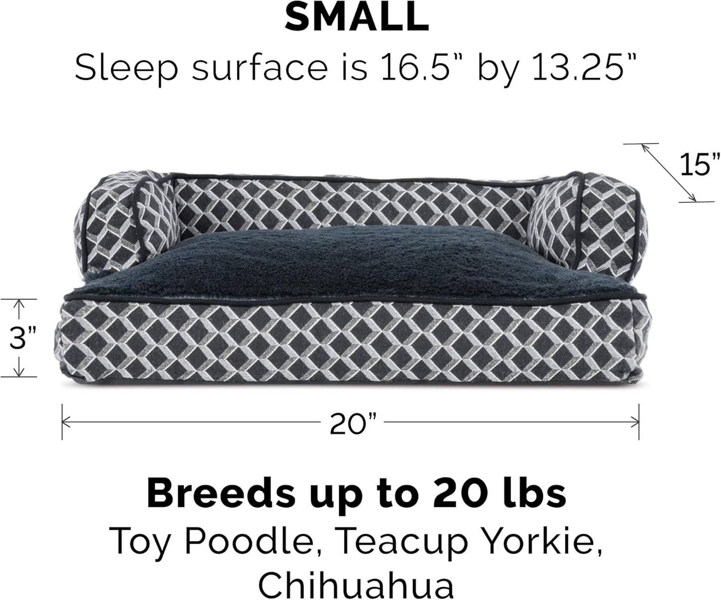 Comfy Couch Plush & Décor Sofa-Style Fiberfill Pillow Dog Bed - Diamond Gray, Small.
