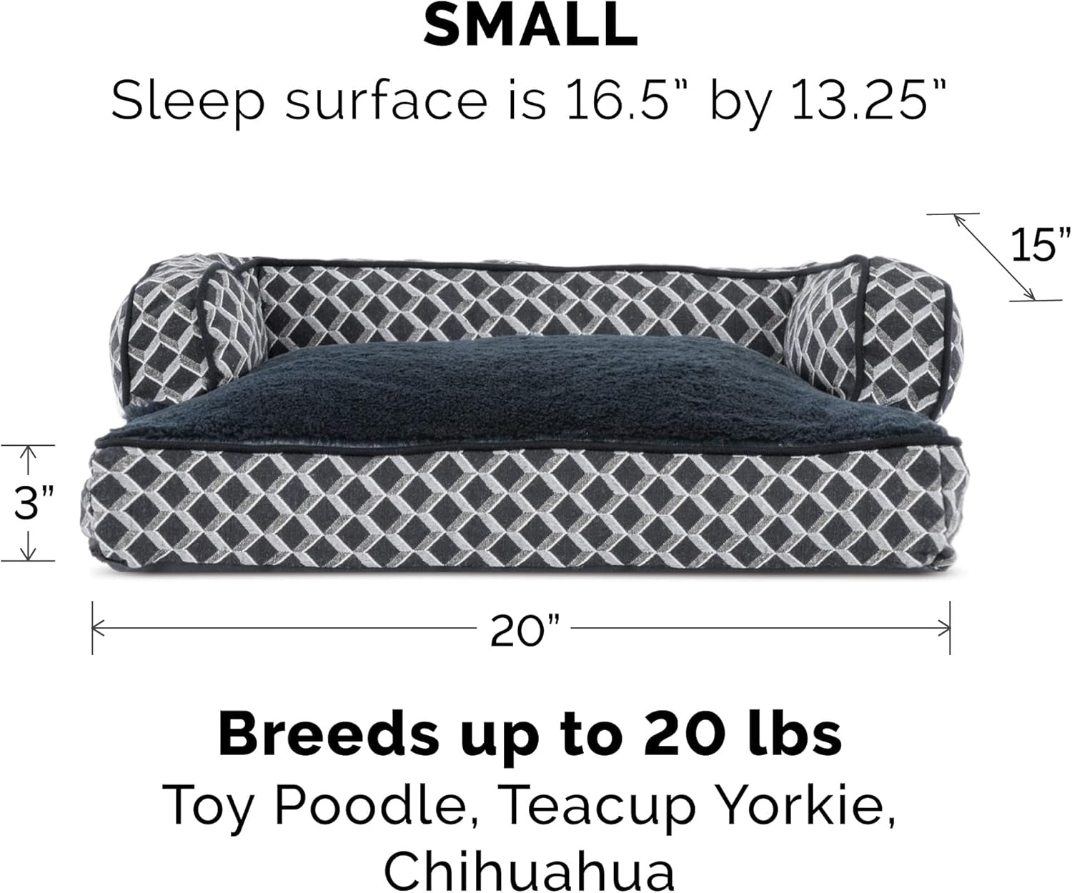 Comfy Couch Plush & Décor Sofa-Style Fiberfill Pillow Dog Bed - Diamond Gray, Small.