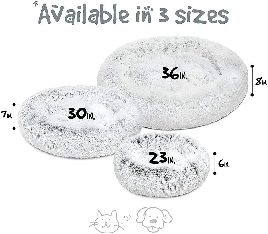 Donut Dog Bed Faux Fur Fluffy Calming Sofa for Large Dogs, Soft & Plush anti Anxiety Pet Couch for Dogs, Machine Washable Coco Pet Bed with Non-Slip Bottom, 36"X36"X8" Ivory.
