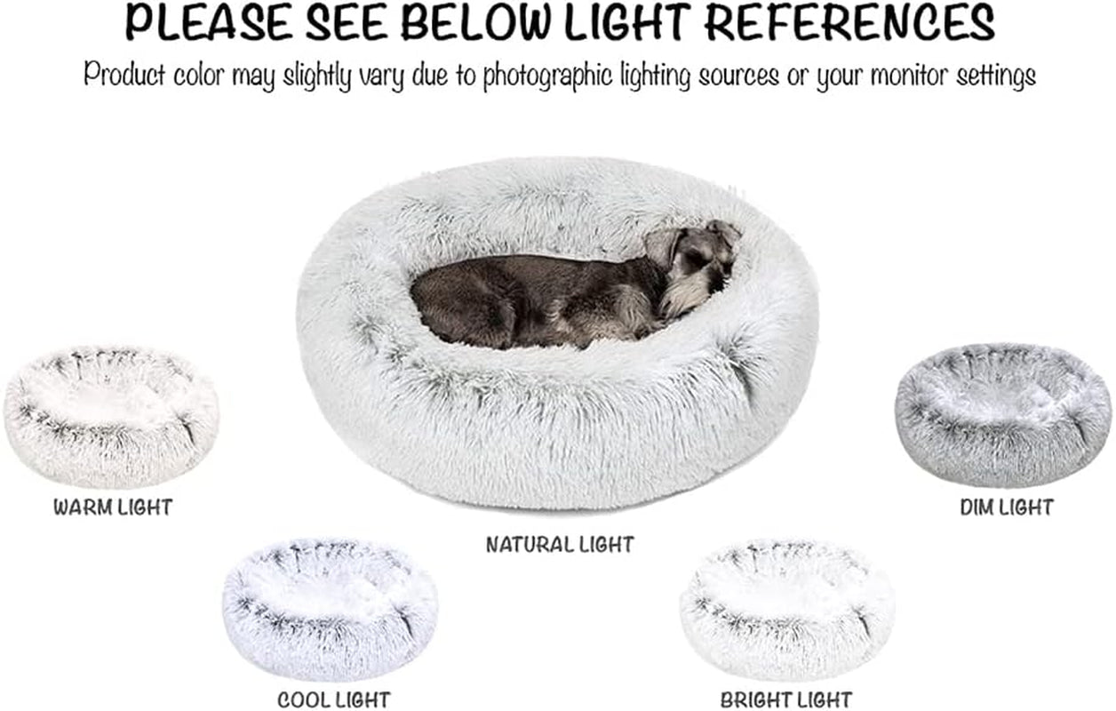 Donut Dog Bed Faux Fur Fluffy Calming Sofa for Large Dogs, Soft & Plush anti Anxiety Pet Couch for Dogs, Machine Washable Coco Pet Bed with Non-Slip Bottom, 36"X36"X8" Ivory.