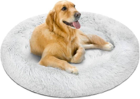 Donut Dog Bed Faux Fur Fluffy Calming Sofa for Large Dogs, Soft & Plush anti Anxiety Pet Couch for Dogs, Machine Washable Coco Pet Bed with Non-Slip Bottom, 36"X36"X8" Ivory.