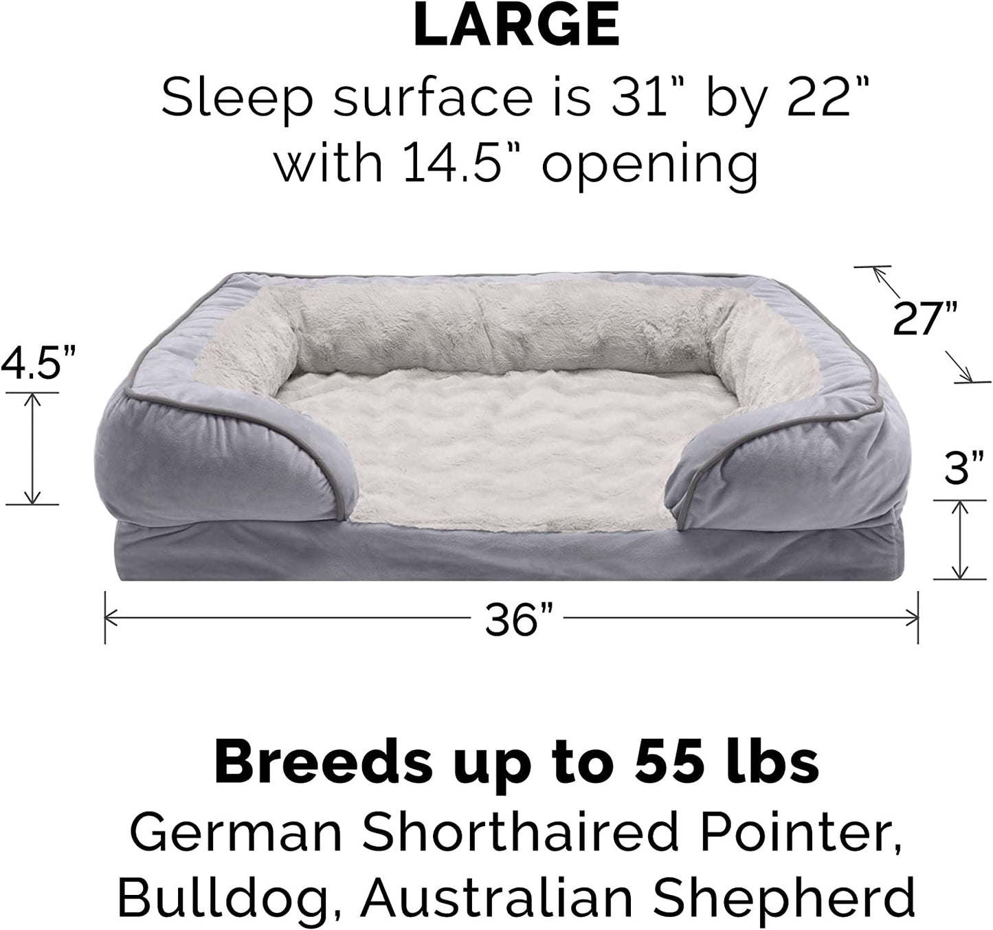 Soft, Orthopedic Foam Perfect Comfort Dog Bed with Washable & Removable Cover -Velvet Waves - Granite Gray, Dogs up to 55 Lbs - Large.