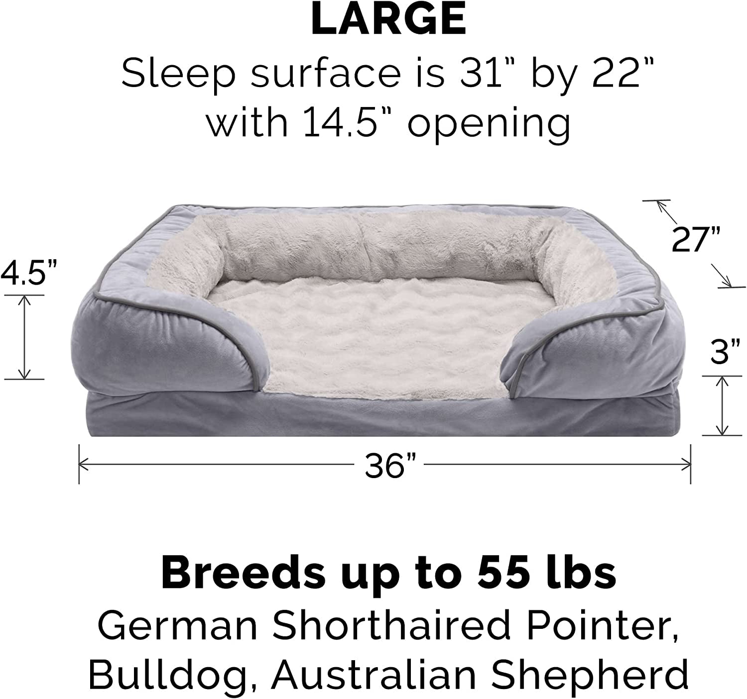 Soft, Orthopedic Foam Perfect Comfort Dog Bed with Washable & Removable Cover -Velvet Waves - Granite Gray, Dogs up to 55 Lbs - Large.