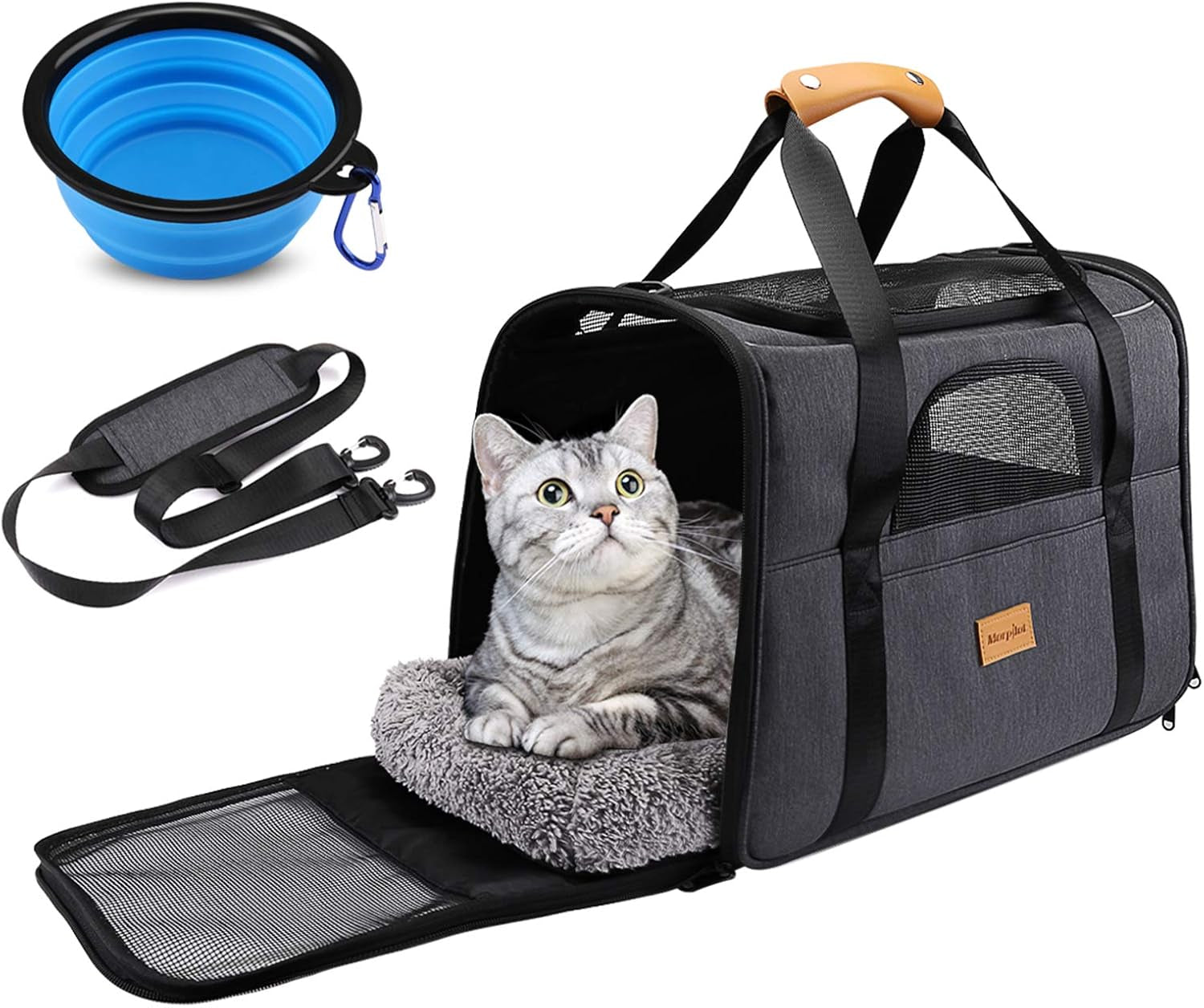 Cat Carrier, Portable Pet Carrier Bag for Cats and Small Dogs, Foldable Soft Sided Cat Transport Carrier, Airline Approved Pet Travel Carrier with Shoulder Strap, Removable Mat and Pet Bowl.