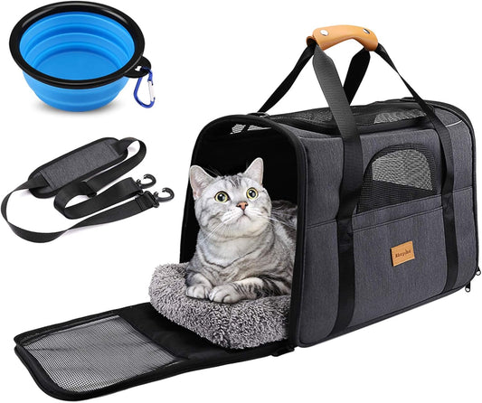 Cat Carrier, Portable Pet Carrier Bag for Cats and Small Dogs, Foldable Soft Sided Cat Transport Carrier, Airline Approved Pet Travel Carrier with Shoulder Strap, Removable Mat and Pet Bowl.